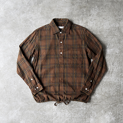 Brushed Dark Tone Plaid Cotton Cloth Hem String Shirt